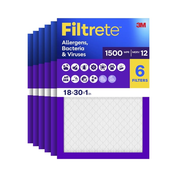Filtrete 18x30x1 HVAC Furnace Air Filter, MPR 1500 MERV 12, Advanced Allergen Reduction, 6 Pack