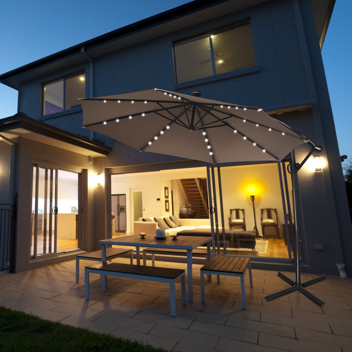 Costway 90" Brown Cantilever Patio Umbrellas, LED Lights