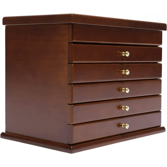 OUKANING Wood Jewelry Box and Organizer 6 Layers Large Jewellery Case with 5 Drawers Women Girls Jewelry Storage Box for Bracelets Necklaces Earrings Rings,12.2x7.9x9.6 in (Brown)