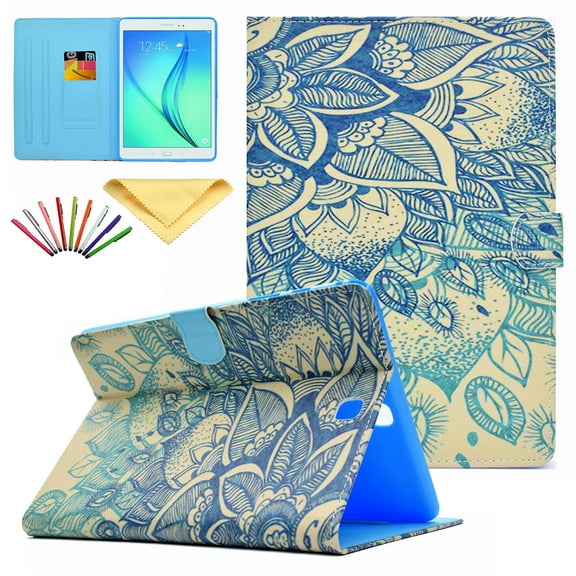 Galaxy Tab A 9.7 Case, Allytech PU Leather Flip Wallet Case with Auto Sleep/Wake Feature Smart Folio Stand Cover for Samsung Galaxy Tab A 9.7 (SM-T550/ P550), Blue Flower