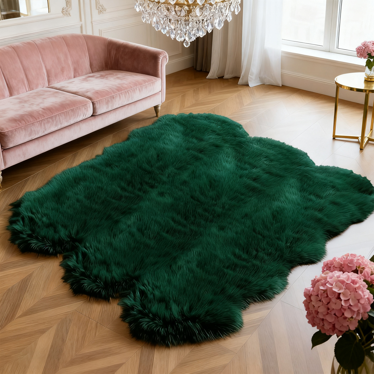 Faux sheepskin area rug 6'x6', green machine-washable plush rug, suitable for placing beside the bed in the bedroom, living room, or kids' room