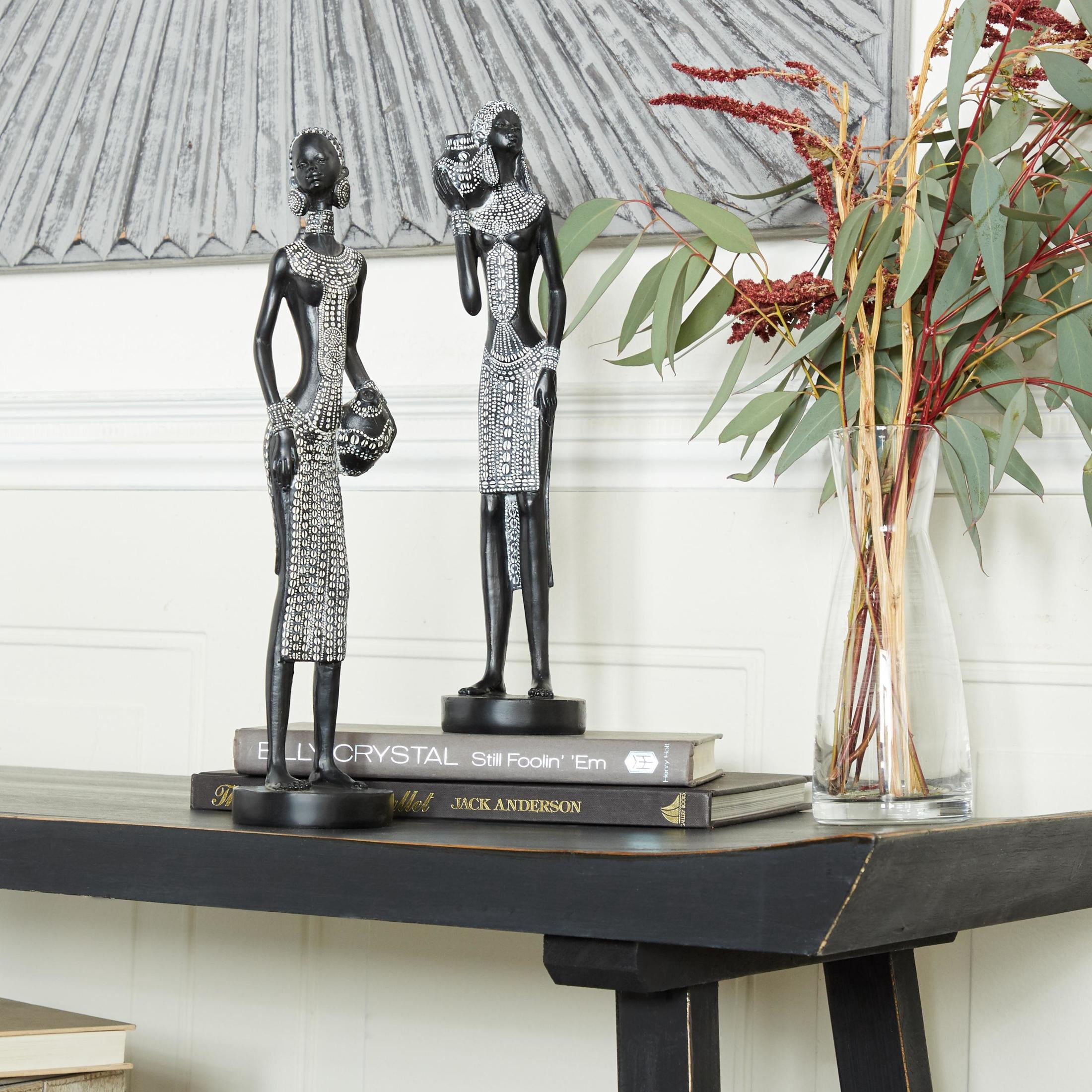 3"W, 14"H Black Polystone Standing African Woman Sculpture with Intricate Details, by DecMode (2 Count)