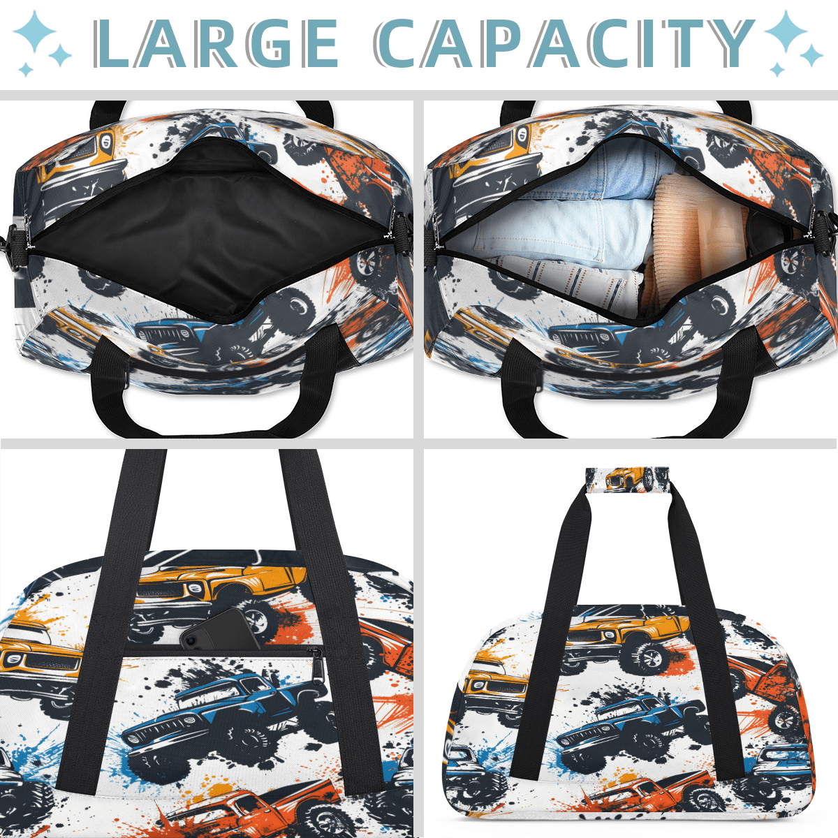 Herdesigns Sports Duffle Bags Travel Duffle Bag Gym Bag Monster Truck Car Weekender Travel Bag Waterproof Overnight Bag Carry On Travel Tote Bag Dance Bags