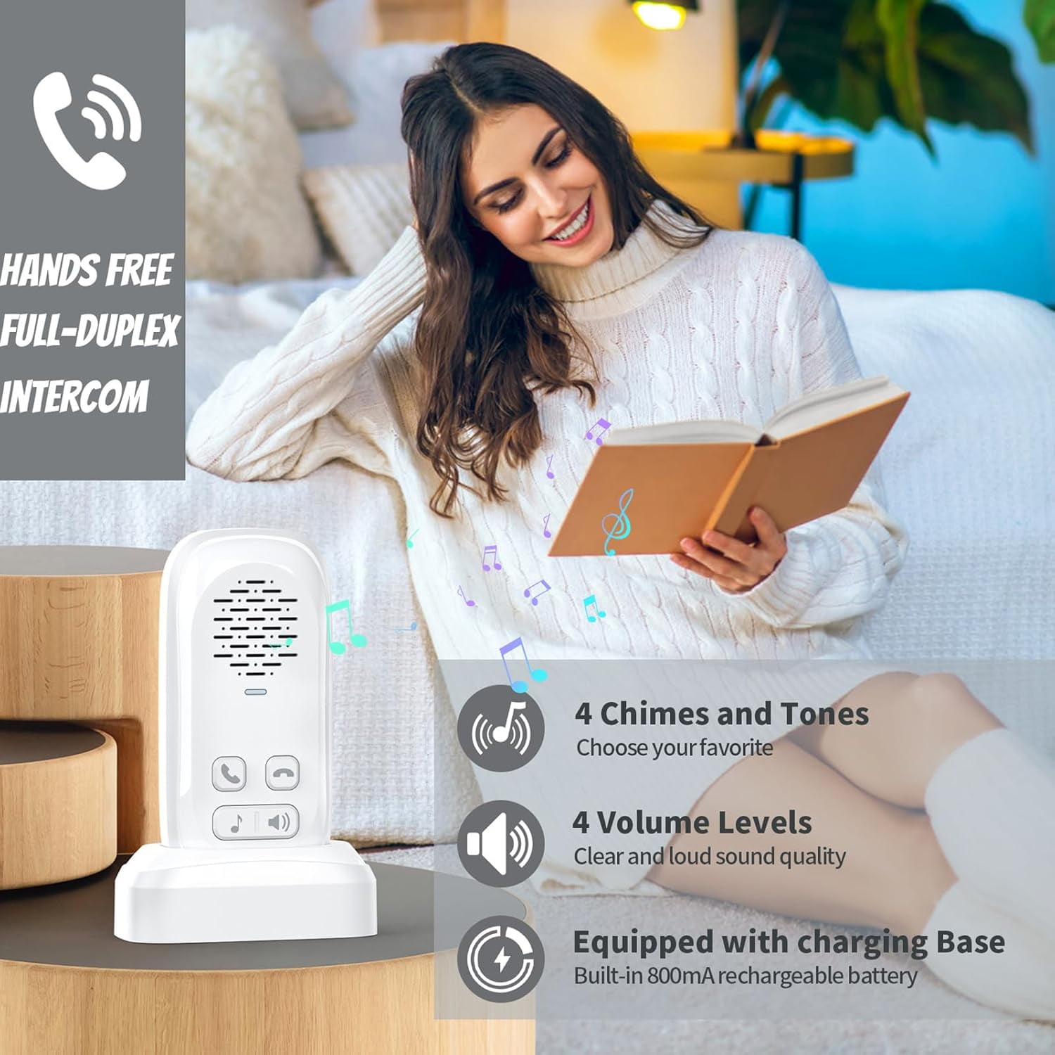 Wireless Doorbell,Two Way Intercom Doorbell for Home Classroom,Doorbells Intercom System with Charging Base,Rechargeable Battery,4 Volume Levels (White)