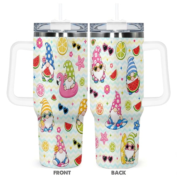 Beach Gnomes 40oz Travel Tumbler With Handle And Straw Lid, Cute Summer Watermelon Lemon Vacuum Insulated Leak Proof Stainless Steel Coffee Cup