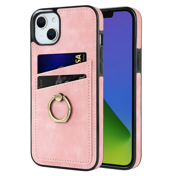 Nalacover for iPhone 14 Plus 6.7 inch Wallet Back Case,Luxury PU Leather Soft TPU Anti-Drop Shockproof Two Card Slots with Finger Ring Holder Kickstand Ultra Slim Phone Cover.Pink