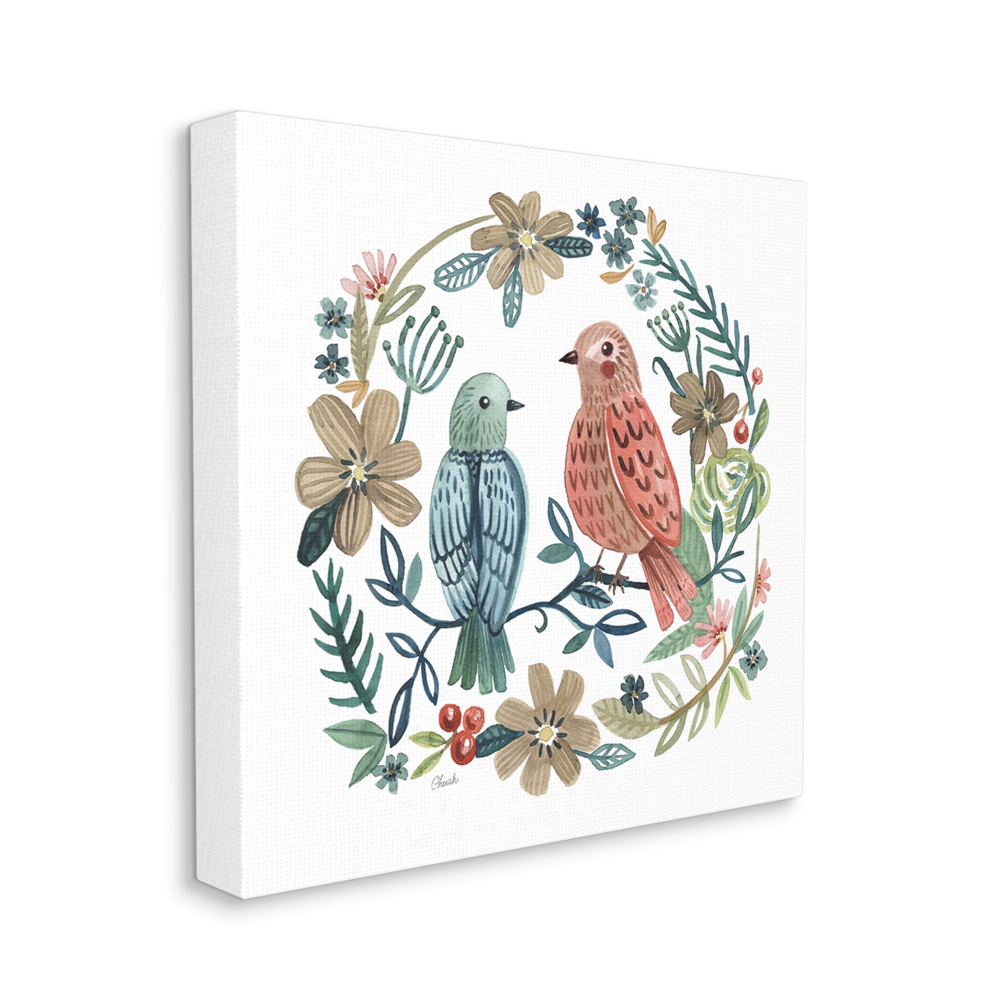 Stupell Birds Perched Natural Floral Wreath Animals & Insects Painting Gallery Wrapped Canvas Print Wall Art