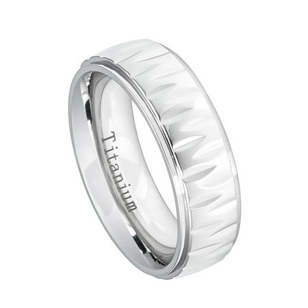7mm White Titanium Step Edge Alternating Grooves Wedding Band Ring For Men Or