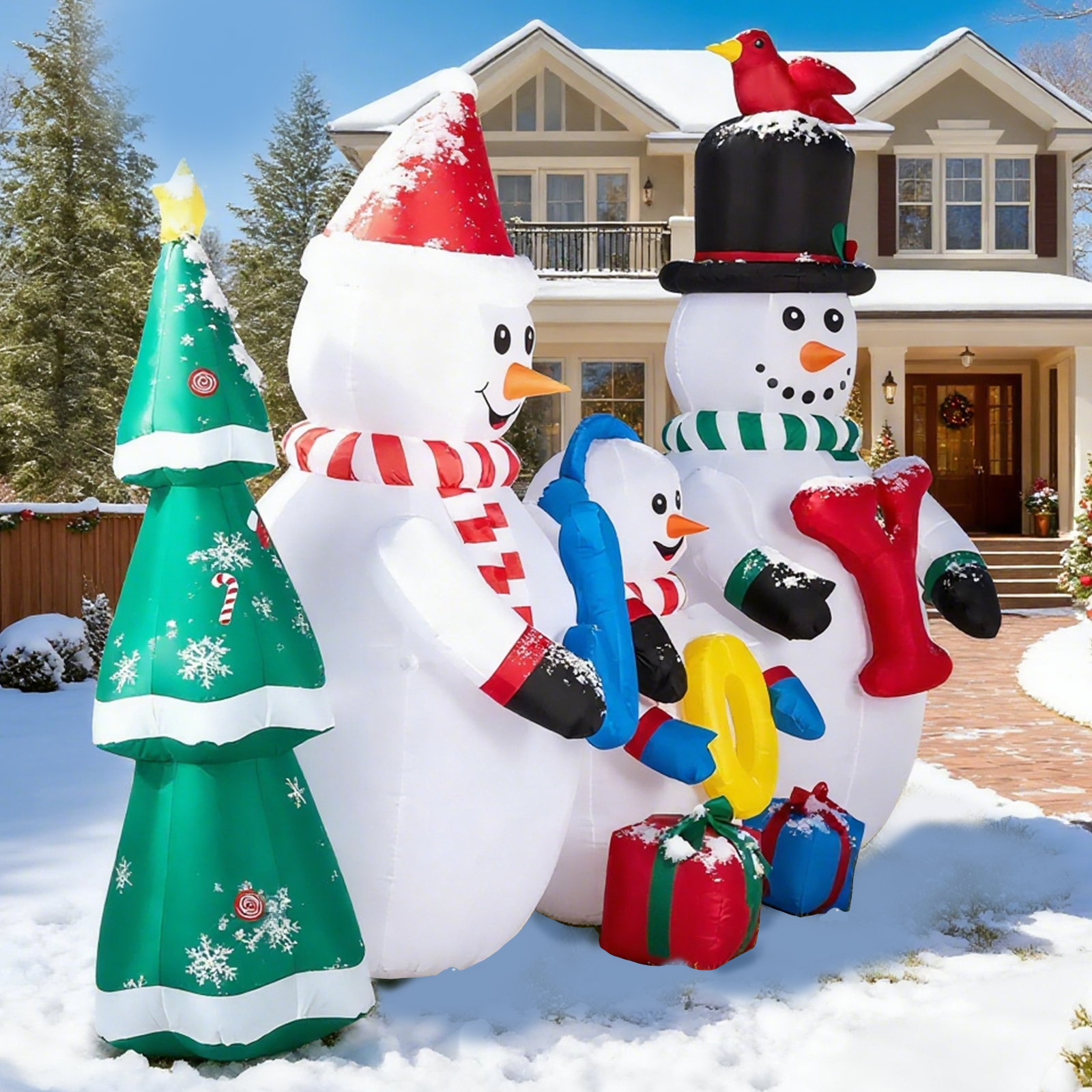 Astoutdoor 8 ft Lighted Christmas Inflatable Decoration, Snowman Family with JOY and Xmas Tree, Blow Up Yard Decor with Built-in LED Lights