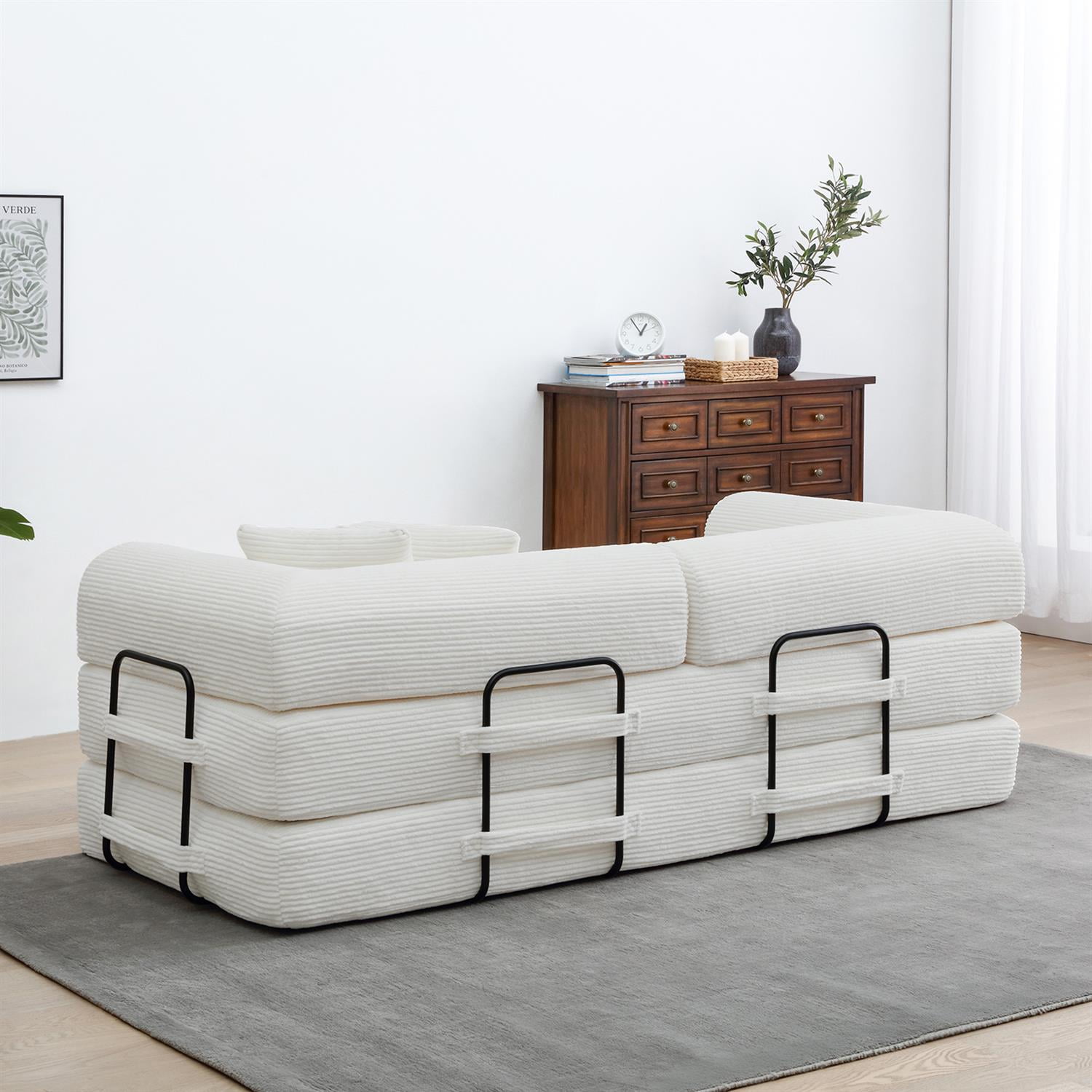 Demi Bonn 77" Convertible Sleeper Sofa Bed, Corduroy Foldable Mattress Couch with Cylindrical Pillow & Fixed Frame for Living Room, Bedroom, White