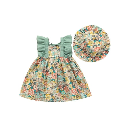 

wybzd Toddler Kids Baby Girls Summer Patchwork Dress Ruffle Sleeve Floral A-Line Dress + Floral Hat Green 6-12 Months