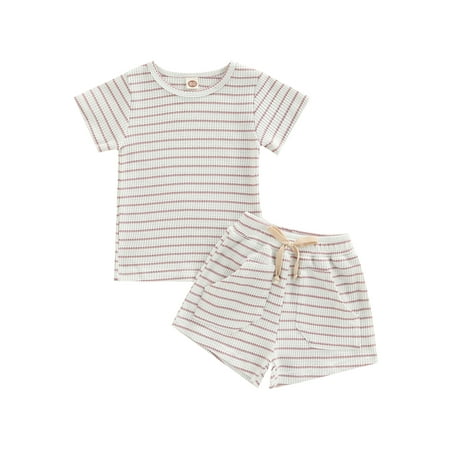 

Liliz Kids Boys Girls Shorts Set Summer Striped Waffle Short Sleeve T-shirt+Shorts with Pocket