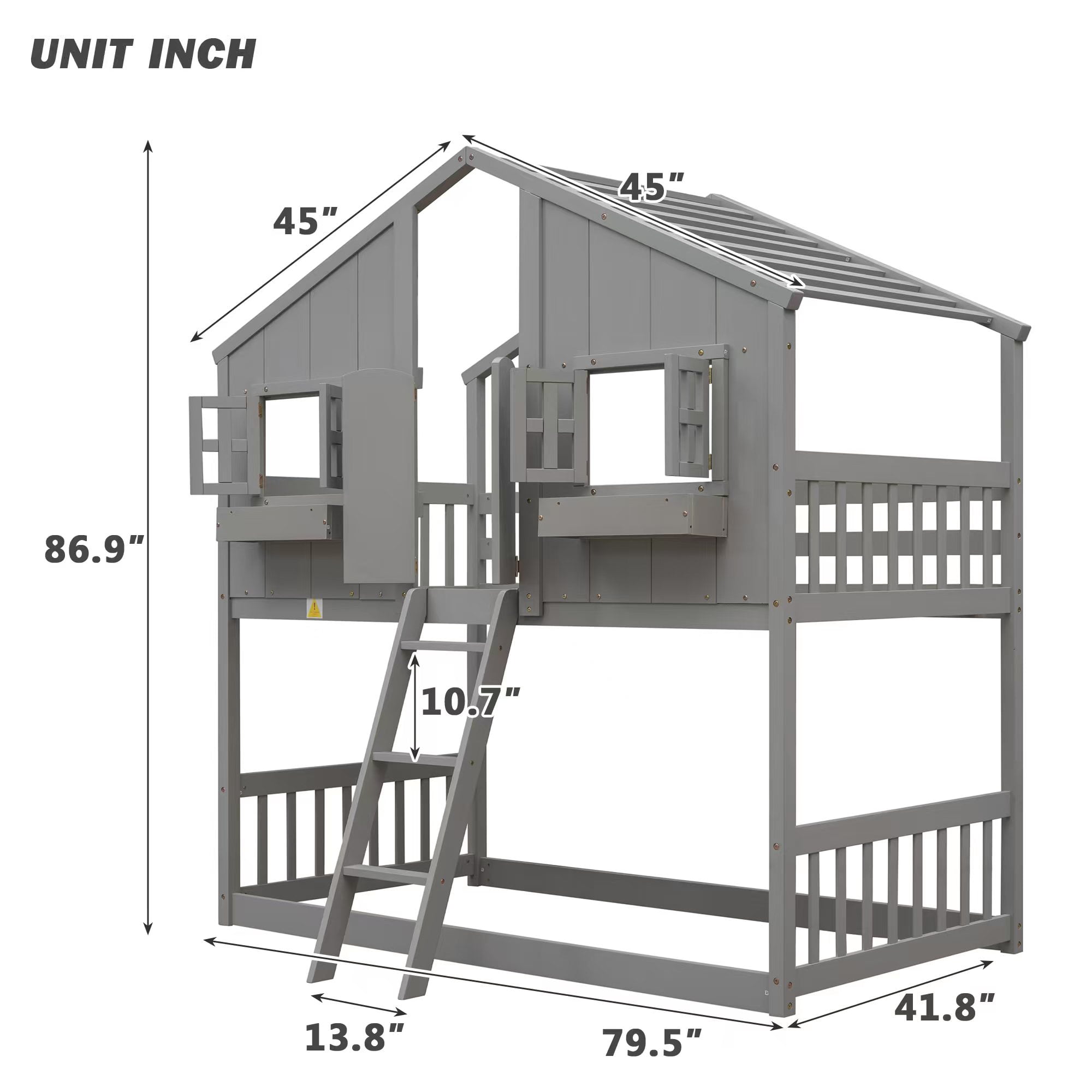 Sailvan Twin over Twin House Bunk Bed with Roof and Window, Low Height Safety Design Grey