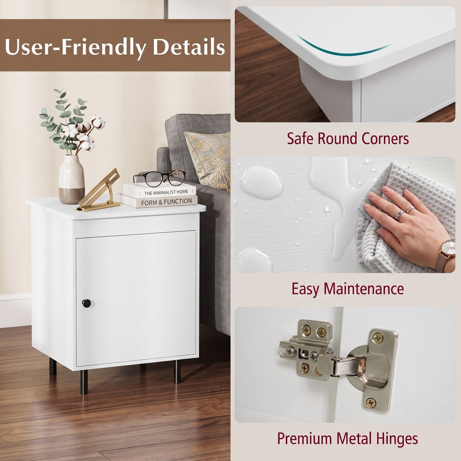 Furnibear Mid Century Nightstand Set of 2 with Enclosed Storage Cabinet and Open Top and Metal Legs for Bedroom and Living Room, White