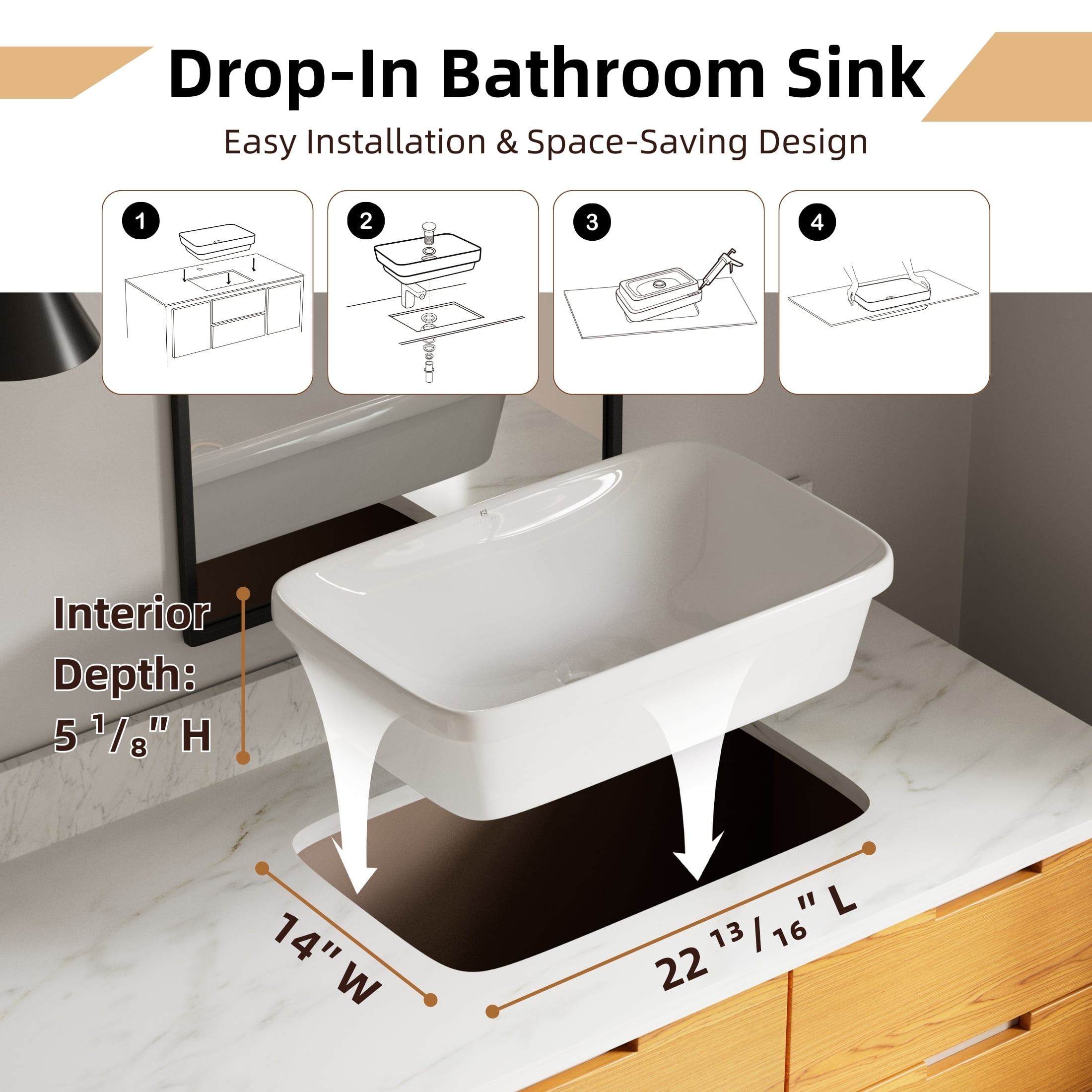 Los Flexi 24″ x 15″ Rectangular Drop In Bathroom Sink, Semi-Recessed Bathroom Sink Without Overflow, Pop-Up Drain Included