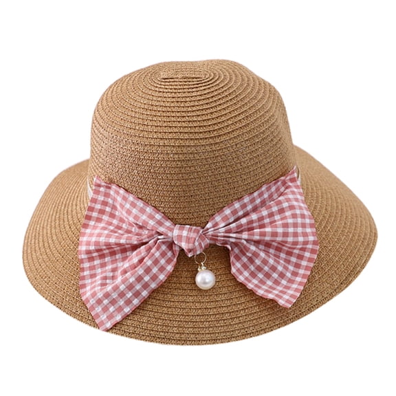 50-52cm hat circumference children's bow fisherman basin hat summer sunscreen big brimmed straw hat outdoor sunshade straw hatKhaki
