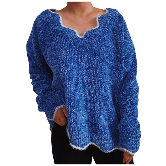 BXINGOHAI Plus Size Sweaters for Women Trendy V Neck Long Sleeve Tops Shirts Soft Keep Warm Sweater Casual Fall Winter Pullover Sweaters Blue,S