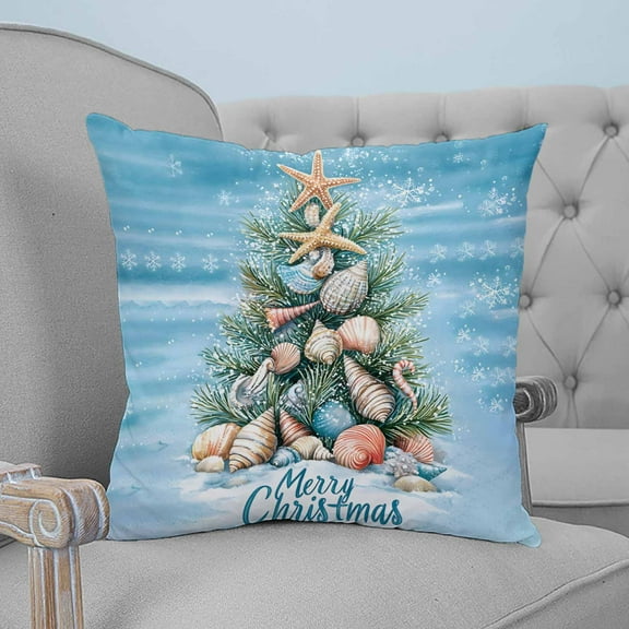 Blue Coastal Christmas Decorative Pillowcase 24''x24'', Nautical Summer Beach Shell Conch Throw Pillow Covers Soft Cushion Case for Couch Sofa Bedroom Living Room, Pillowcase Boho Decor