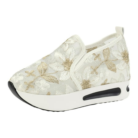 QYZEU Womens Walking Sneakers Light Wedge Shoes for Women Women s Slip On Travel Soft Sole Comfortable Shoes Outdoor Flowers Mesh Fashion Breathable Shoes White 42