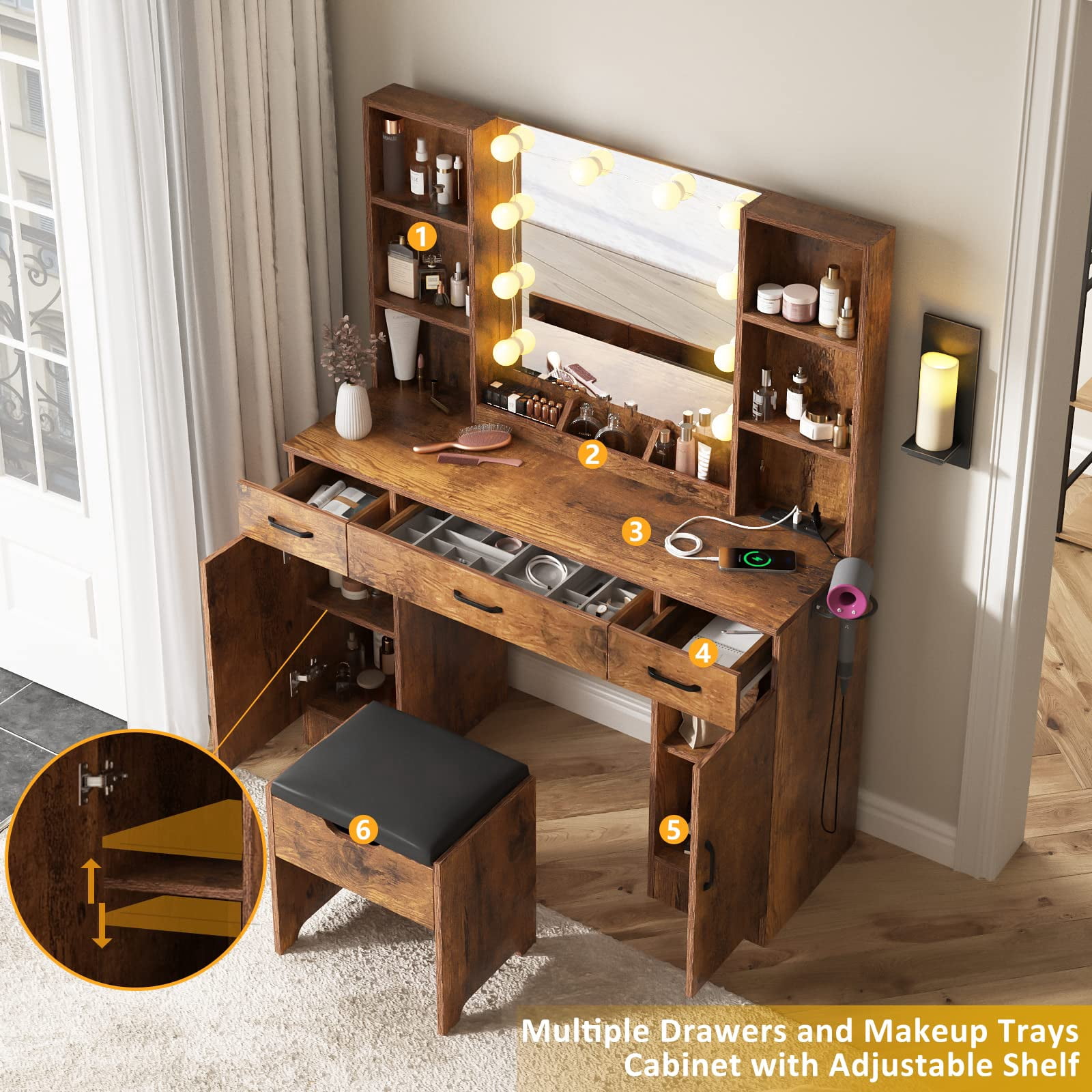 Veanerwood Adult Modern Makeup Organizer Charging Station and LED Lights Table Set White and Brown