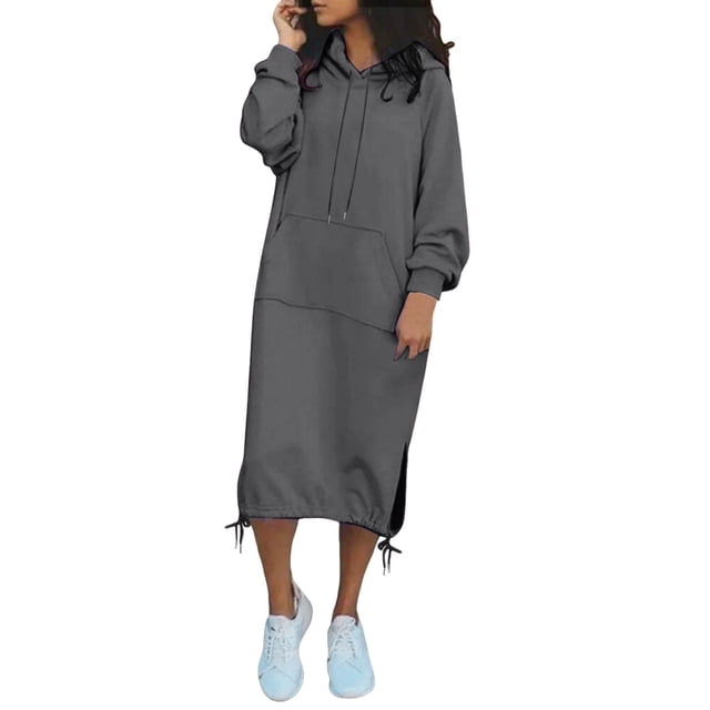 Women's Casual Loose Solid Color Drawstring Hoodie Fall Warm Fleece Sweatshirt Maxi Dress With Pocket
