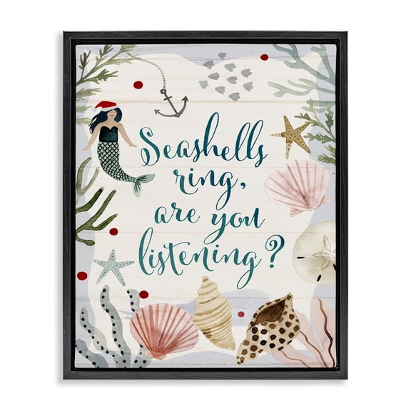 Stupell Industries Seashells Ring, You Listening Phrase Nautical Beach Christmas Jet Black Framed Floating Canvas Wall Art, 16x20, by Victoria Barnes