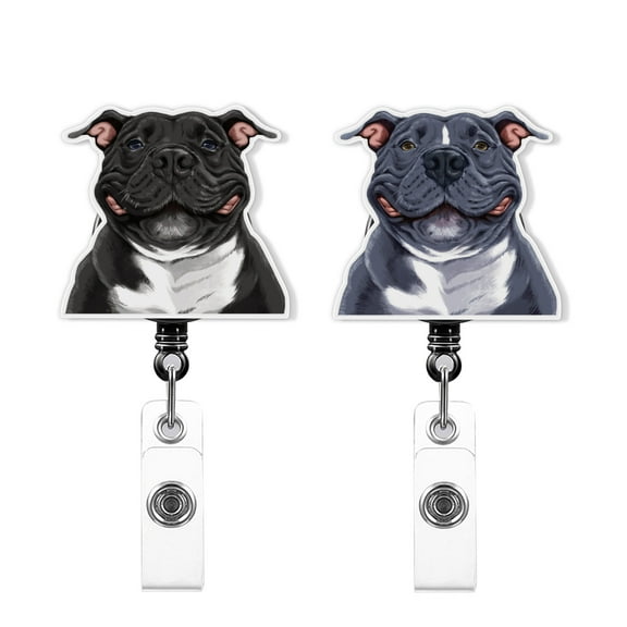 WIRESTER Set 2pcs Design Acrylic Key Card Holder Belt Clip Reel Id Badge Retractable - Smiling Blue Black Pit Bull Dogs