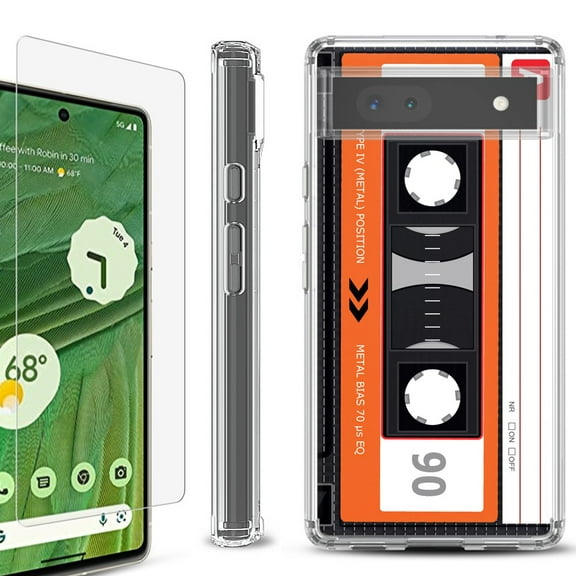 Shockproof Bumper Phone Case for Google Pixel 6a, with Tempered Glass Screen Protector, by OneToughShield ® - Cassette Orange