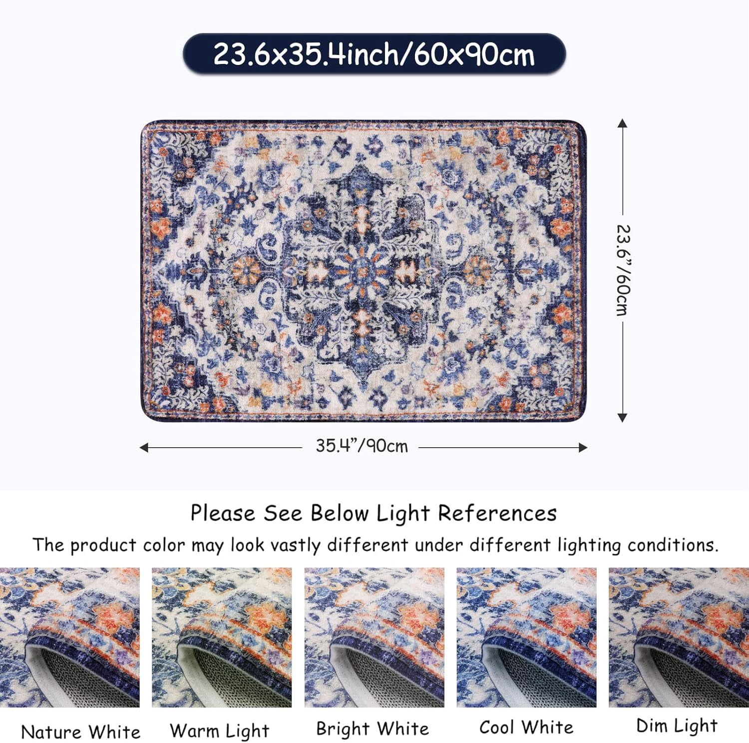 Wonnitar 2'x3' Bohemian Floral Medallion Area Rug,Oriental Distressed Small Bath Rug Country Vintage Doormat Faux Wool Non-Slip Washable Low-Pile Carpet for Bathroom Kitchen Laundry Room Decor