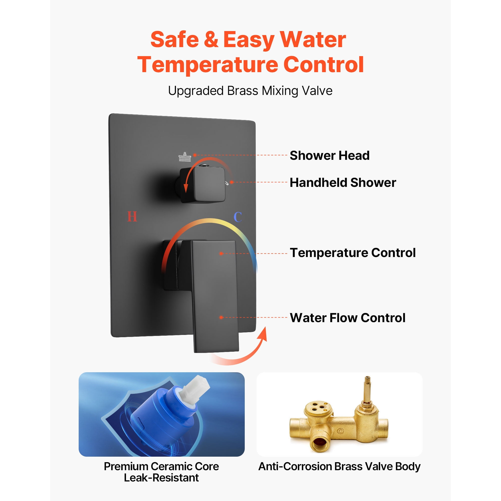 KFFKFF Wall-Mounted Shower System with 12-Inch Square Rain Shower Head and Handheld Spray, Bathroom Fixtures with Brass Valve and Trim Kit, Matte Black