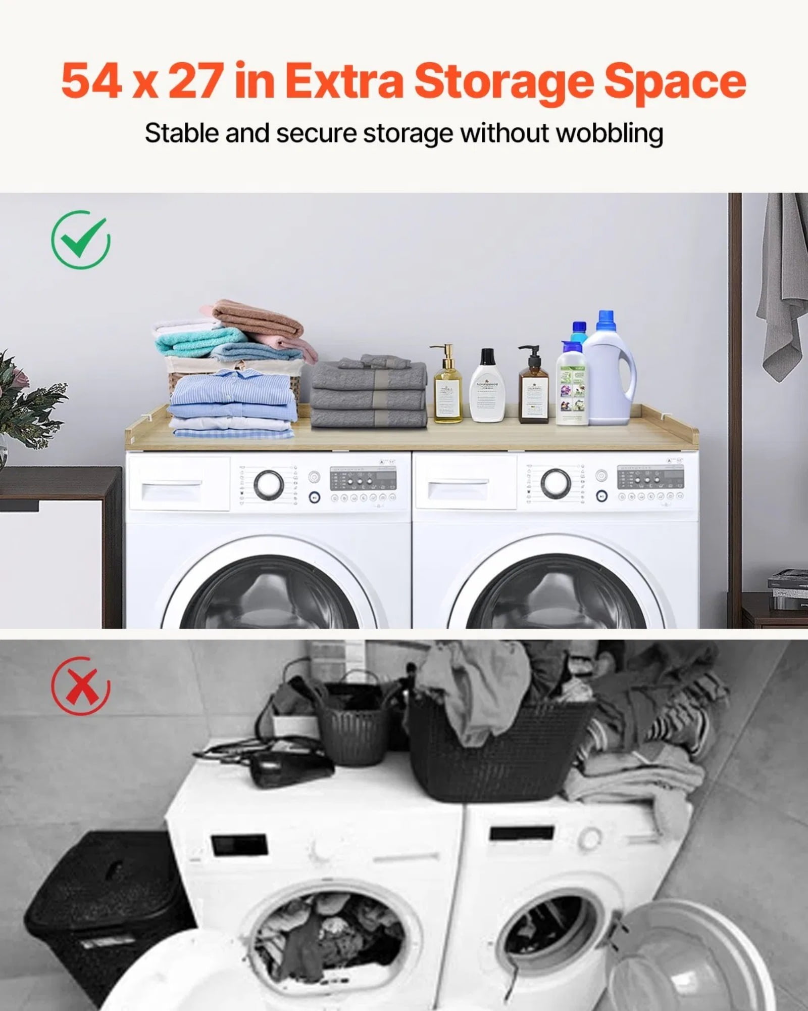 Washing machine countertop, drying machine solid wood countertop, with multi-functional hooks, suitable for all front-loading washing machines and dryers, oak