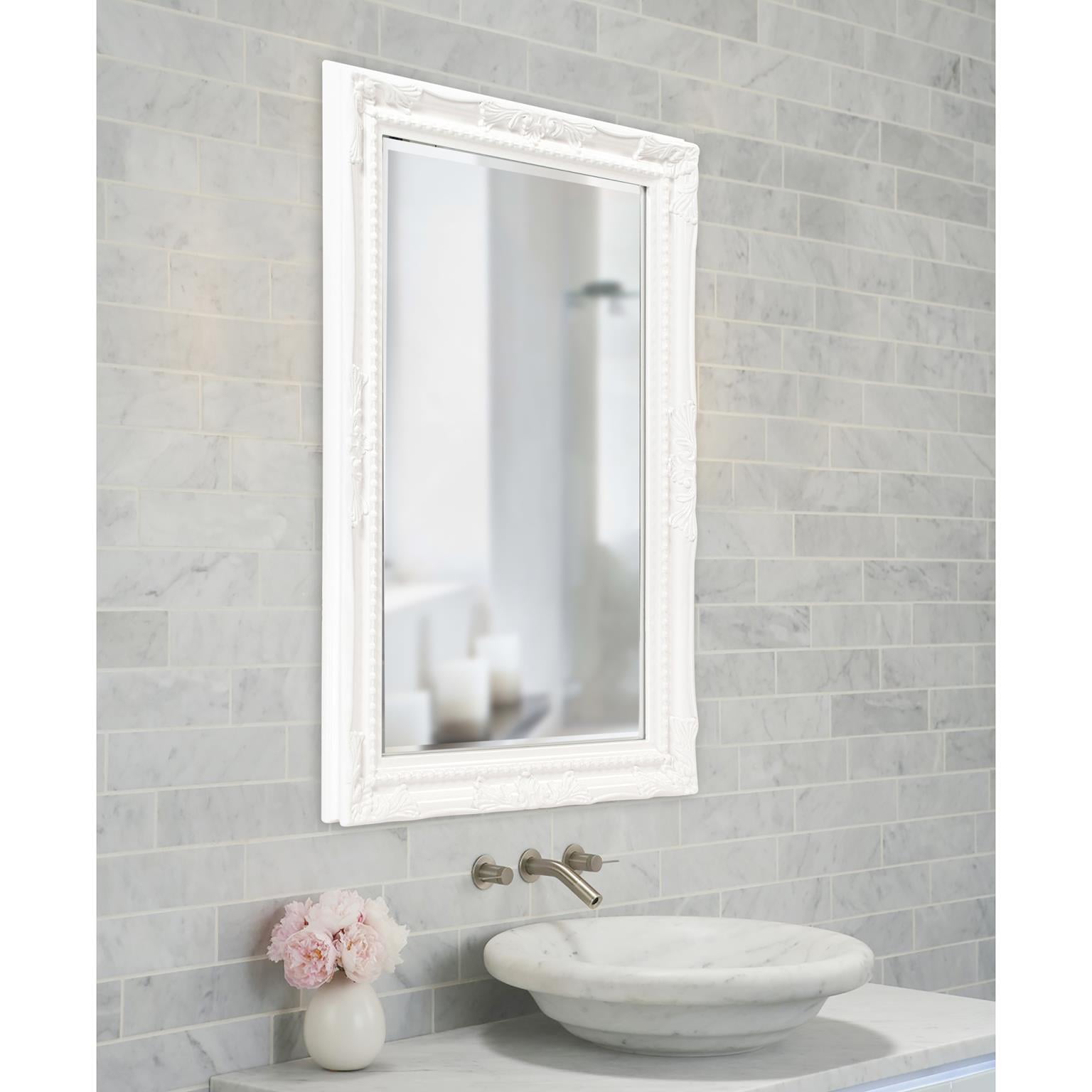Tyler Dillon Glossy White Rectangular Beaded Texture Wood Framed Wall Mirror - 36"H x 24"W