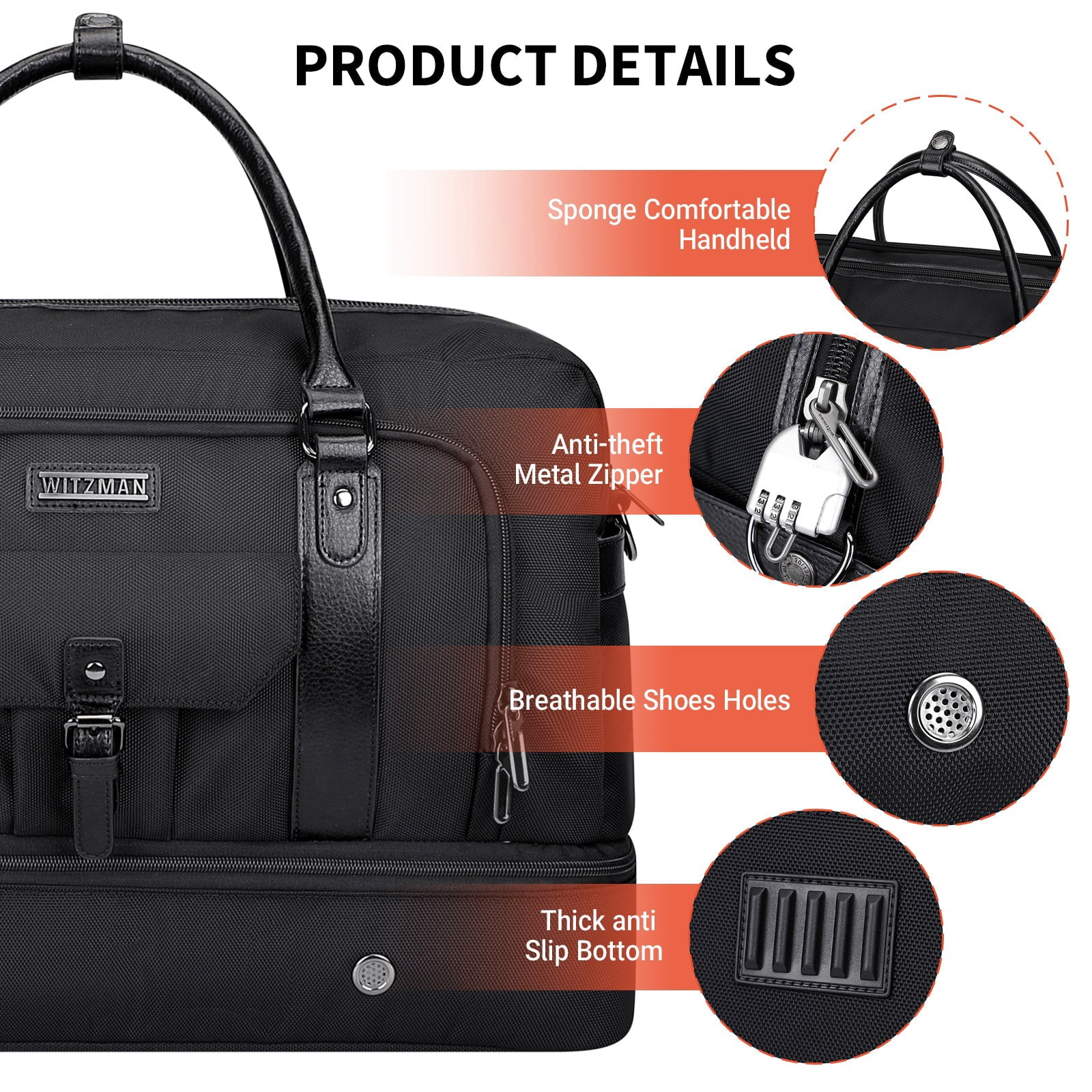WITZMAN Weekender Bags for Men Women Carry on Duffle Overnight Bag with Toiletry Bag Sets Travel Duffel Bag Shoes Compartment（B694 Black）
