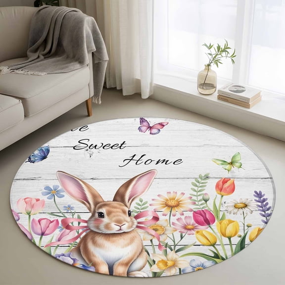 Grey Easter Round Area Rug 3.3Ft Washable Circle Rugs for Dining Room Table, Spring Watercolor Tulip Flower Plant Wood Grain Non-Slip Carpet Floor Mats Indoor Outdoor Carpet Runner Home Decor