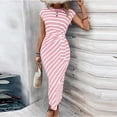 thumbnail image 2 of IFNWSV Longues Robes pour Femmes, Robe Longue à Rayures à Col Rond à Manches Courtes avec Taille à Nouer Style Décontracté Élégant, Robes pour Femmes Rose m, 2 of 7