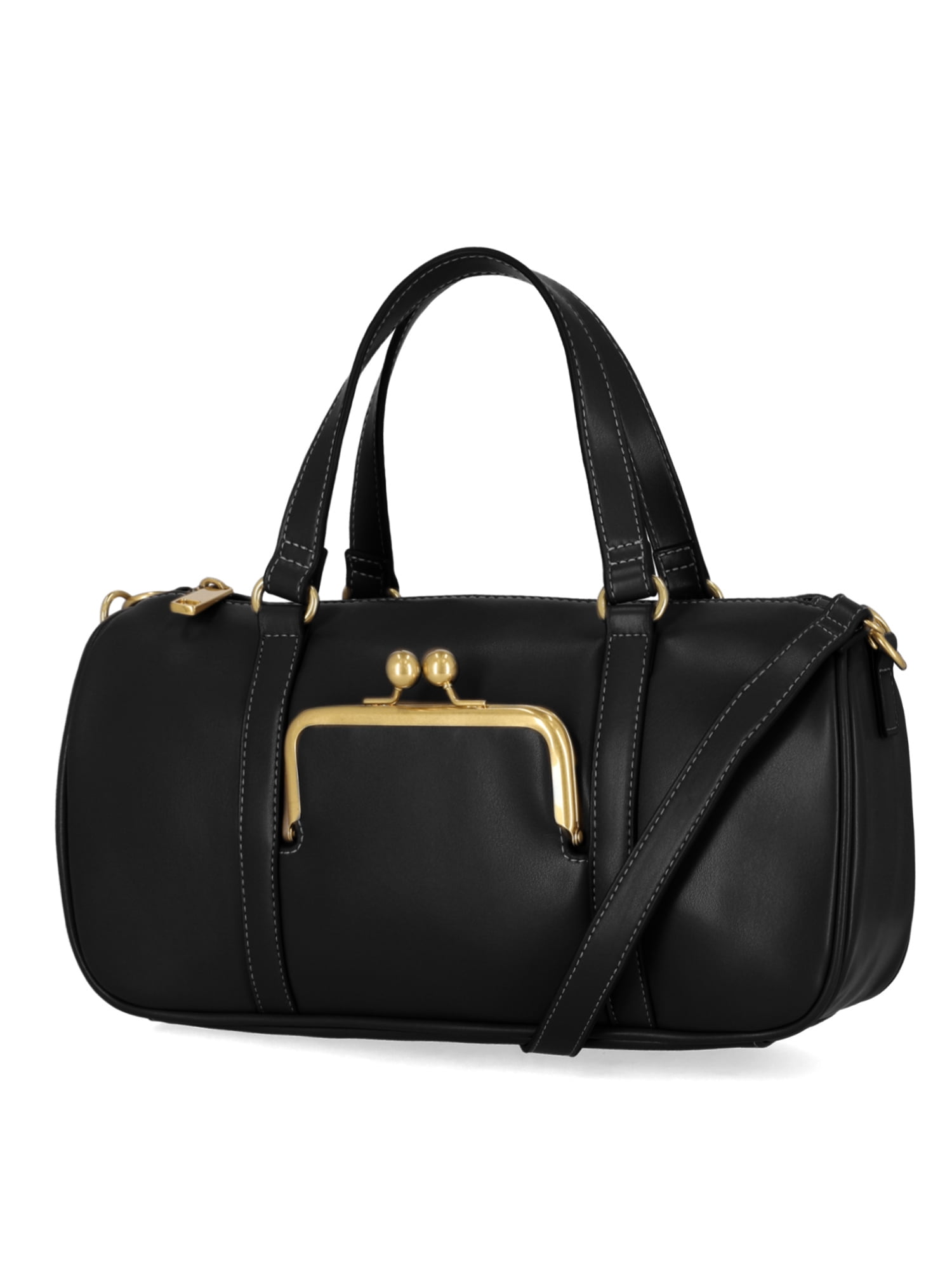 Free Assembly Women's Faux Leather Frame Satchel Handbag, Black