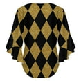 thumbnail image 6 of Black And Gold Harlequin Women's V-Neck Blouse With 3/4 Ruffled Bell Sleeves Casual Top Ladies Blouses, 6 of 7