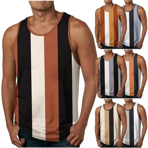 VBTAPA Father's Day Gifts Mens Beach Tank Top Sleeveless Striped Graphic Tee Shirts Summer Vacation Gym Running Workout Tops Orange M