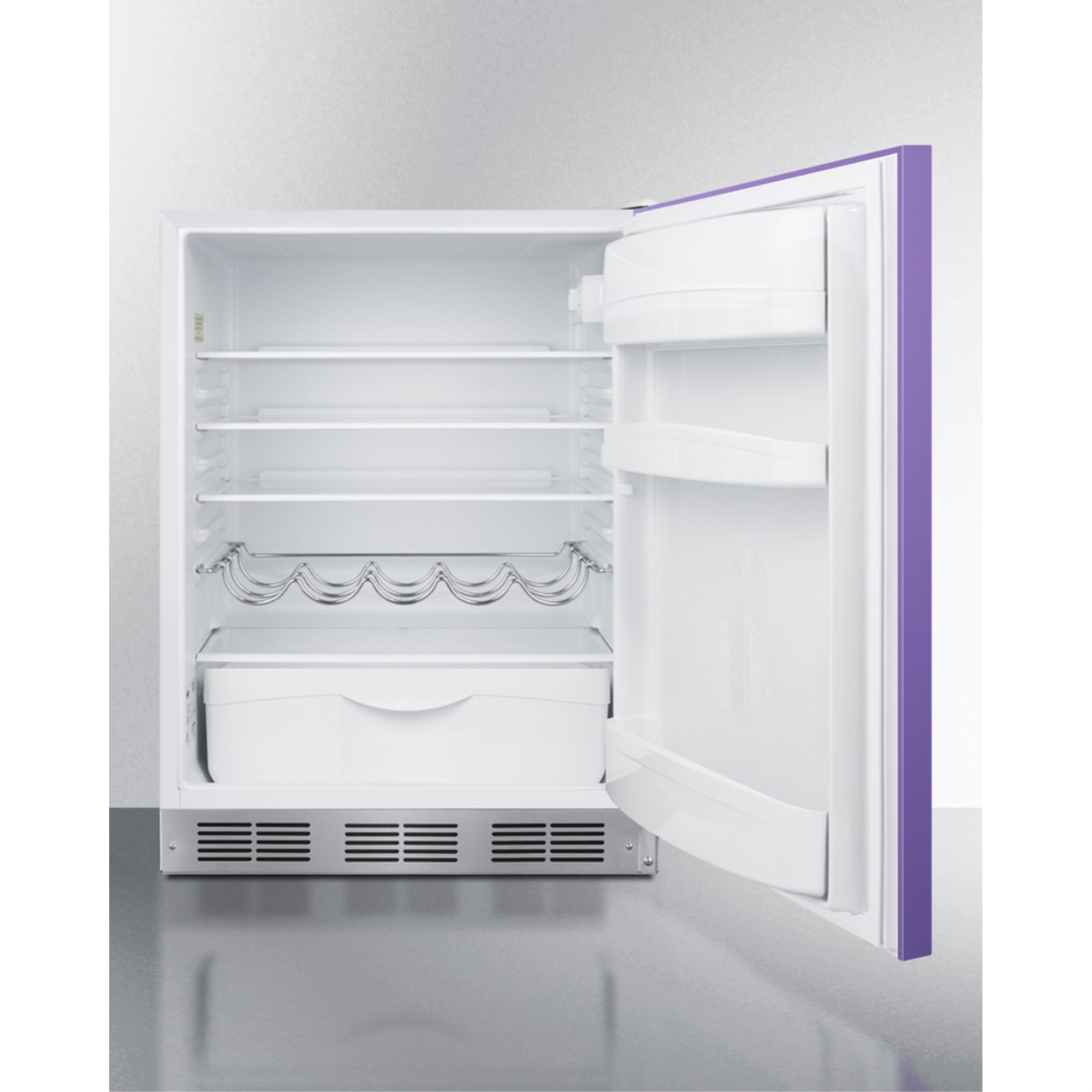 Undercounter 24 Inches all-refrigerator for residential use with lavender purple door, stainless steel handle, and white cabinet