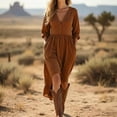 thumbnail image 2 of Vestido de Manga Larga Midi para las Mujeres Caída Bohemia Cuello en V Vestido de Lino de Medio Botón con Bolsillos, Vestido de Denim de Manga Larga para las Mujeres Boho Casual, 2 of 8