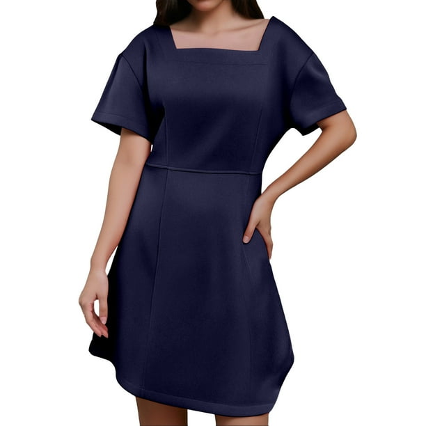 Vestido informal de manga corta con cuello cuadrado para mujer - Vestido mini con volantes de poliéster, tallas S-XL