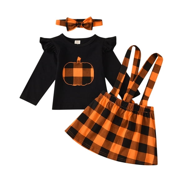 BOOMNY Halloween Girls 3 Peice Outfit Sets Hallowmas Pumpkin Graphic Long Sleeve Tops Suspender Skirt With Hairband Sets for Kids Comfy Clothing Set
