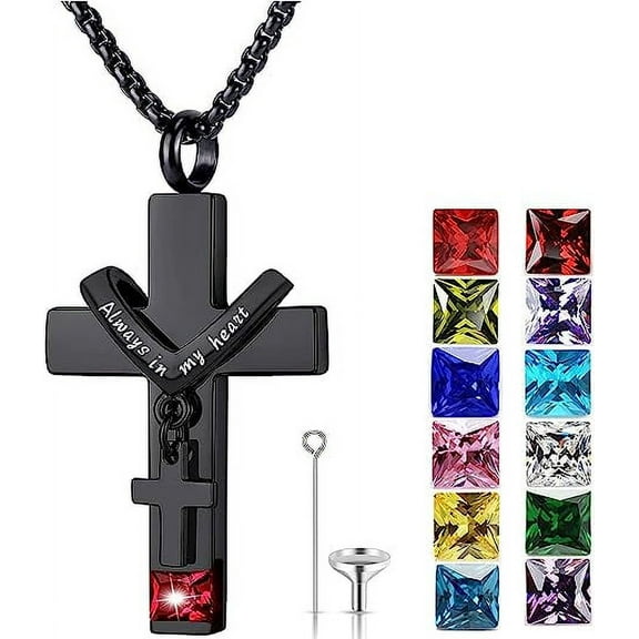 Birthstones Urn Necklaces for Ashes Cross Cremation Pendant Urns for Human Ashes Memorial Keepsake Locket Jewelry
