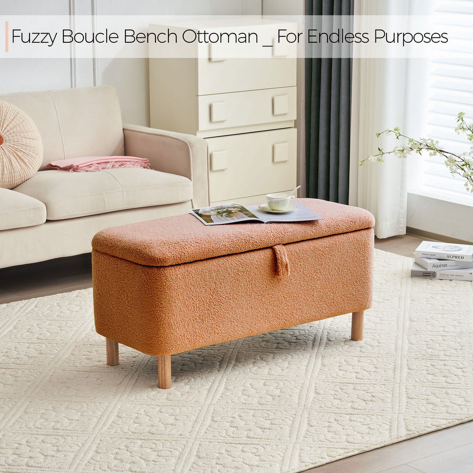 Comfort Stretch 39.3" Length Storage Ottoman Bench for Living Room,Brown Bedroom Bench with Entryway Storage Rectangular Boucle Foot Rest Stool Padded Seat
