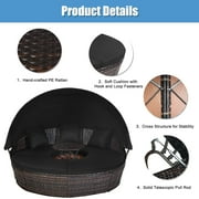 Patiojoy Patio Rattan Daybed Round Cushioned Sofa Adjustable Table Top Canopy