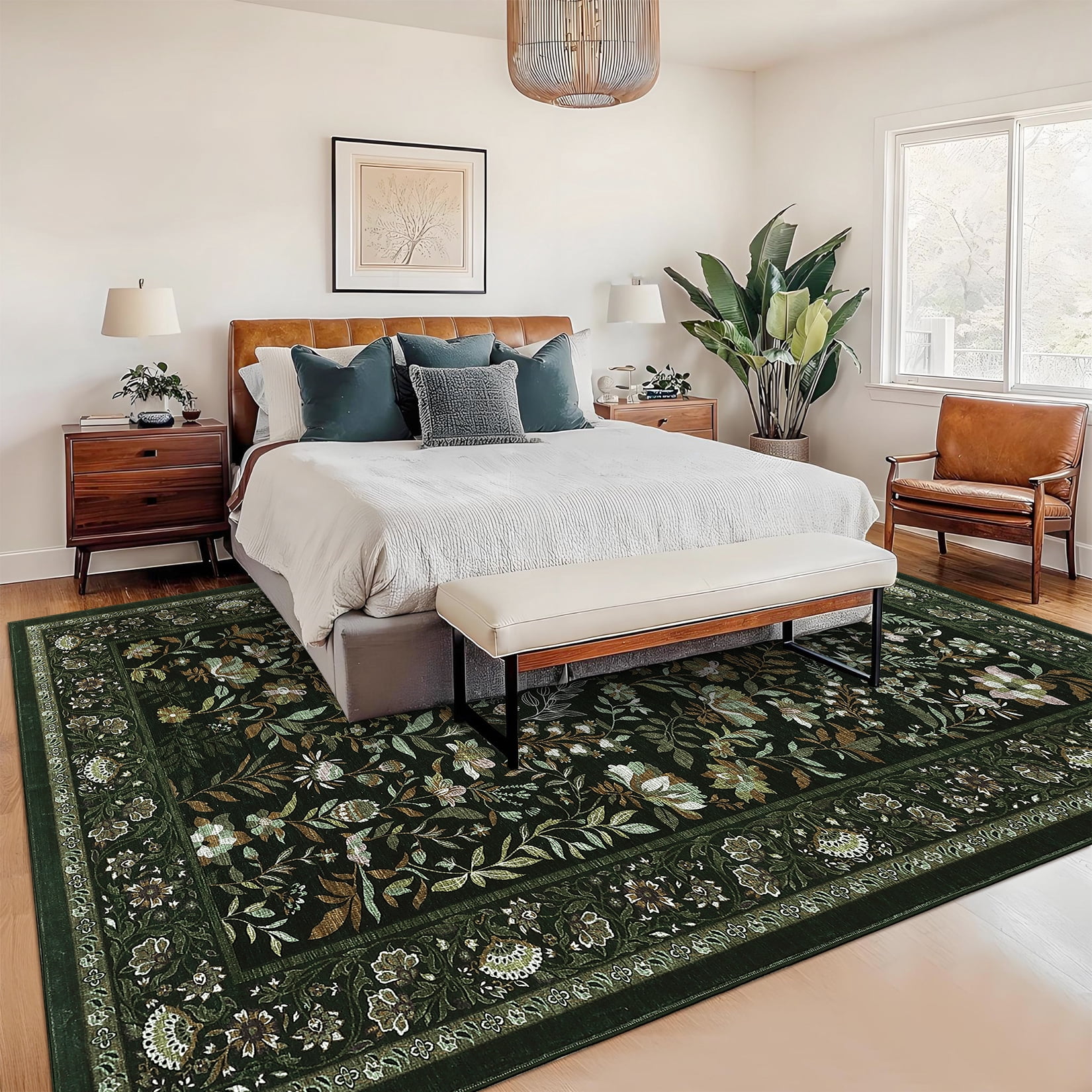 Garvee 8'x10' Vintage Floral Area Rugs Washable Botanical Printed Rugs Carpet, Low Pile Non Slip Oriental Rug Stain Resistant Indoor Rugs for Living Room Bedroom Dining Room, Dark Green