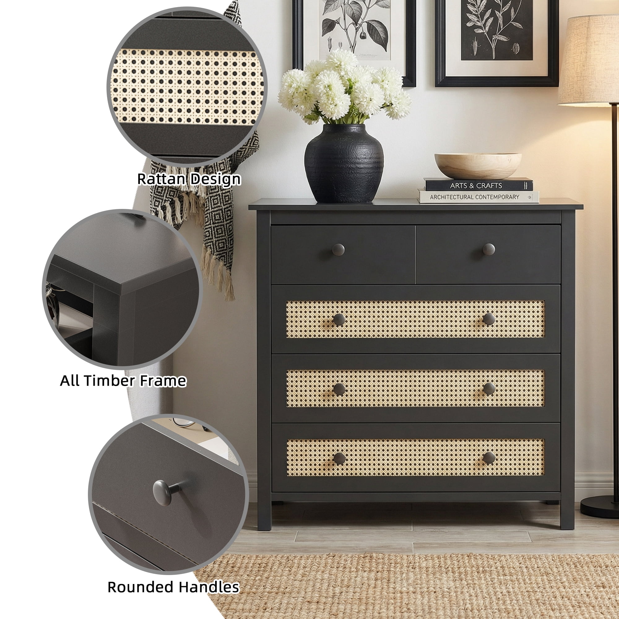 MAYEERTY 4-Drawer Sideboard Buffet Cabinet - Modern Console Cabinet for Living Room & Hallway, Black