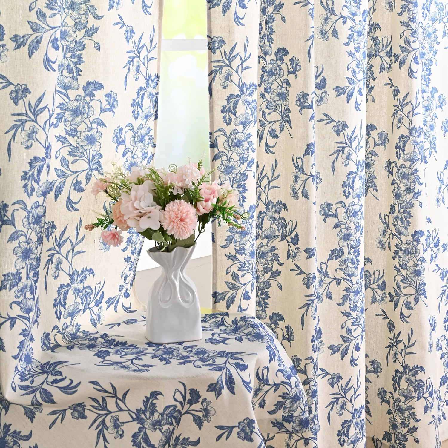 Alishomtll Floral Curtains for Living Room Farmhouse Country Linen Curtains Light Filtering Window Drapes,Blue ,52"x63", 2 Panels