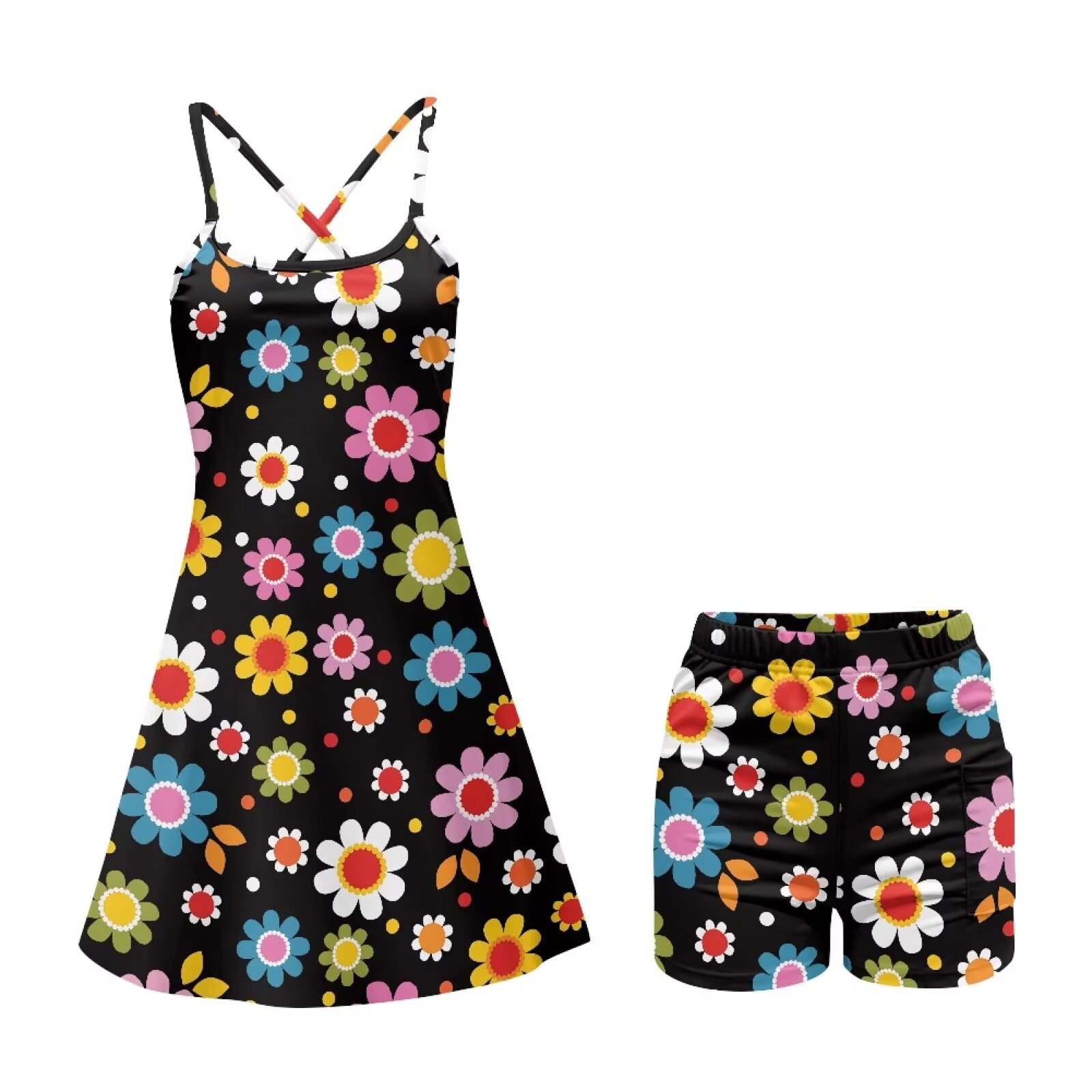 Yuyamidu Hippie Flower Tennis Dress Stylish Golf Dresses Built-in Shorts with Pockets for Women Size XS, Stretchy Womens Athletic Dress Sportswear