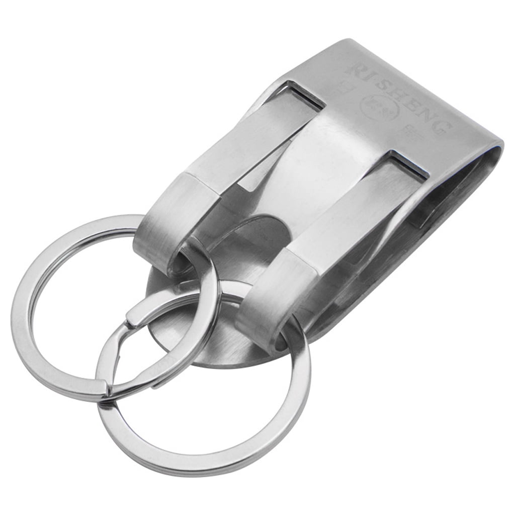 STAINLESS STEEL Security BELT CLIP Detachable Button Double KEY RING HOLDER 